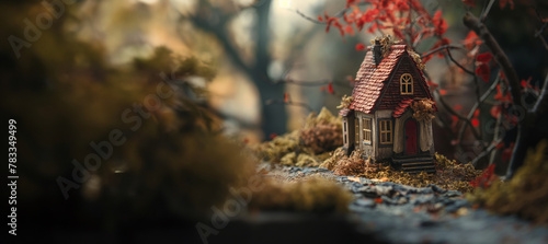 A magical miniature house surrounded by autumnal foliage, creating a whimsical fairytale ambiance with copy space