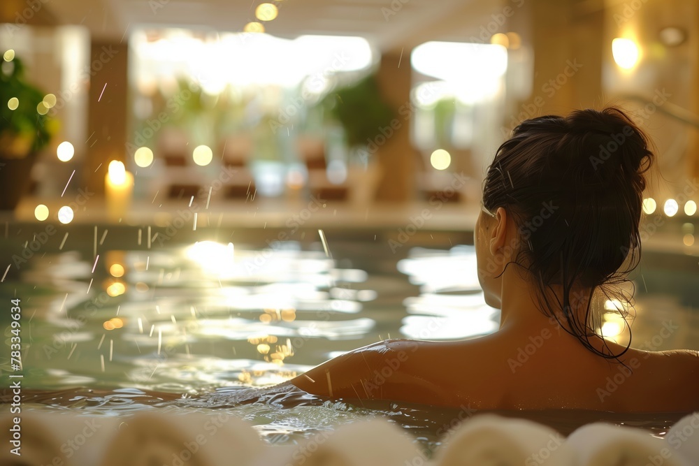 The back view of a woman enjoying a luxurious spa pool surrounded by warmth and golden tones