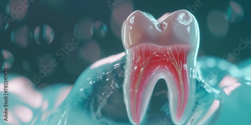 A digital art rendering of a molar tooth with a focus on the realism of red blood flow within the gum photo