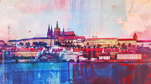 Colorful watercolor montage featuring the famous landmarks and attractions of Prague in the Czech Republic photo