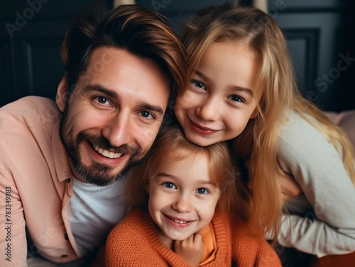 Young Caucasian family with small daughter pose relax on floor in living room, smiling little girl kid hug embrace parents, show love and gratitude, rest at home together. 