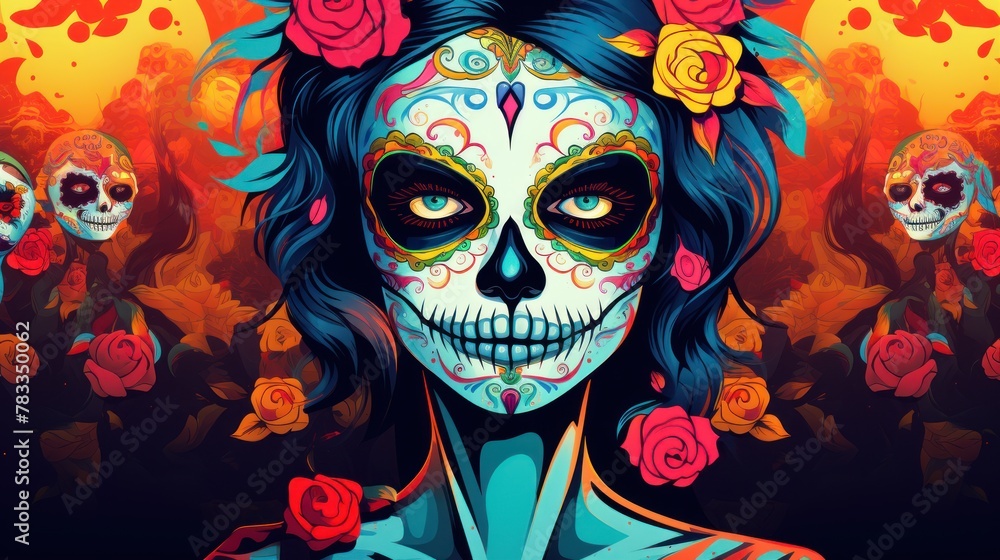 Festive celebration in a detailed portrait of a lady with Mardi Gras makeup made from a sugar skull decorated with colorful flowers. Festive celebration in a detailed portrait of a lady with Mardi Gras makeup made from a sugar skull decorated with colorful flowers.