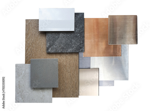composition of interior material samples including wood veneer, ceramic tiles, multi color of aluminium metallics, travertine granite tile, artificial stone isolated on background with clipping path.