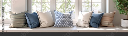 Line of decorative cushions along a window seat, showcasing varied pillow designs in a digital mockup ideal for home decor enthusiasts