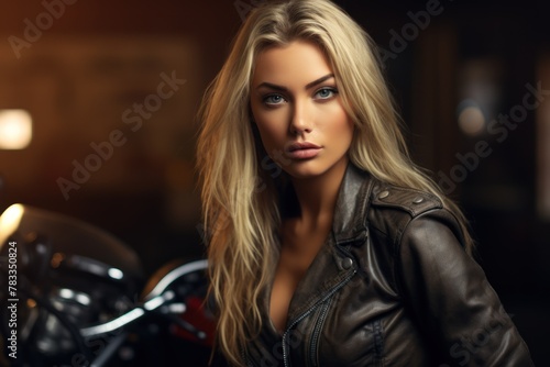 Urban goddess: a fashionable woman with long hair, exploring motorcycles indoors.
