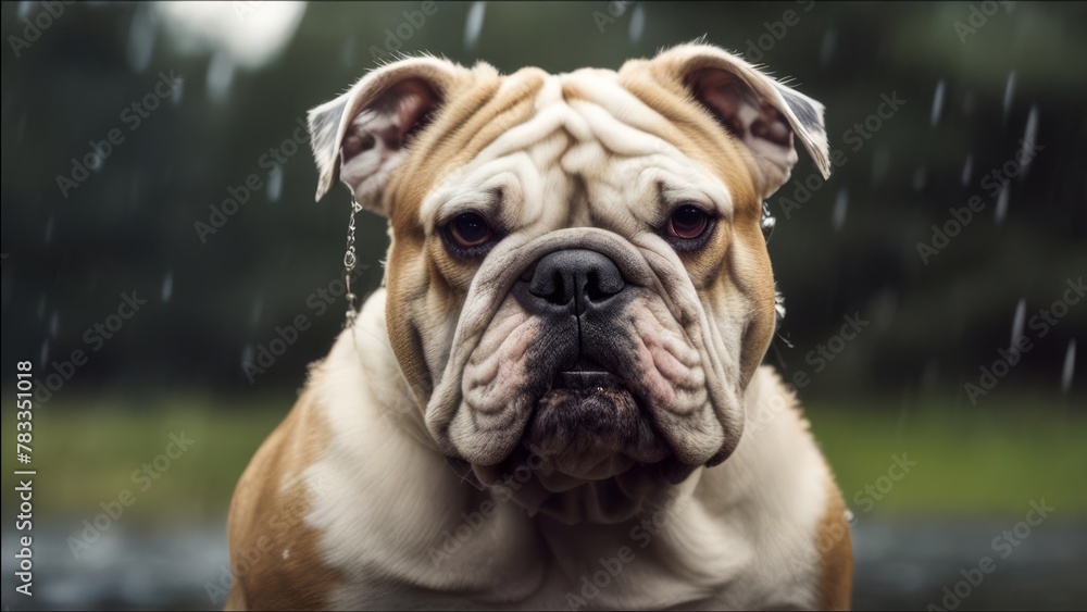Bulldog with a menacing look gets wet in the rain. Bulldog with a menacing look gets wet in the rain.