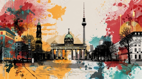 Colorful digital artwork overlay featuring the iconic Brandenburg Gate, the TV Tower (Alex) and other sights of Berlin, Germany photo
