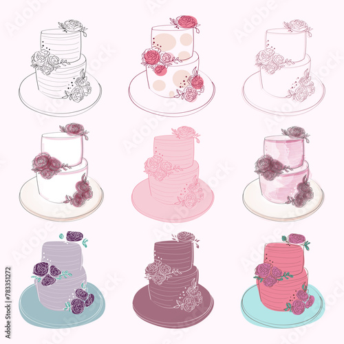 A variety of different types of cakes are displayed on plates. Each cake is unique in flavor, shape, and decoration