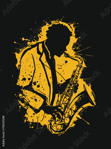 Artistic silhouette of a saxophone player with splatter effect on dark background