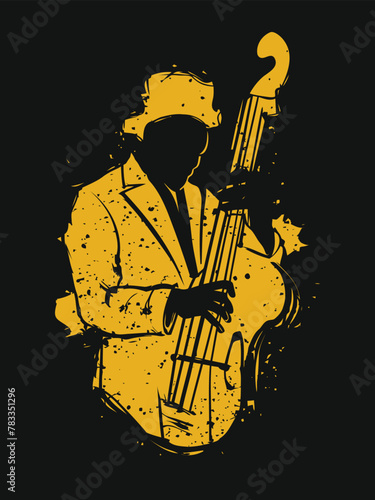 Stylized yellow silhouette of a musician playing double bass on a splattered ink black backdrop