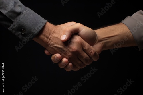 Firm handshake in a close-up on a dark background conveys trust and collaboration between two individuals in a business setting.