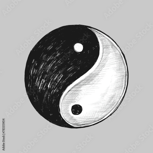 Black and white sketch of a yin yang symbol representing balance and harmony