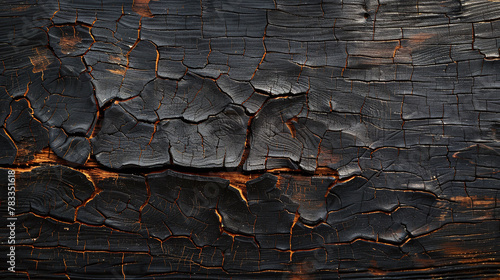 Heavily distressed coal-black burn finish on high-detail wood texture. Dark and rustic background concept for design and print photo