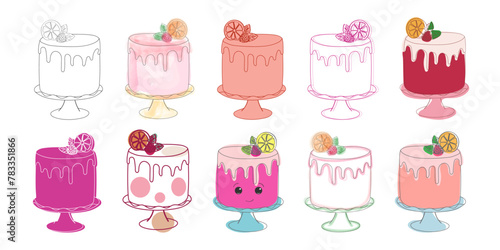 Various types of cakes are displayed on a clean, white background. The cakes vary in flavors, shapes, and decorations, creating a colorful and appetizing array of desserts