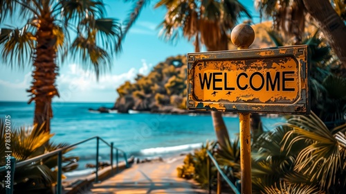 A sign that says "welcome" is on a post in front of a beach