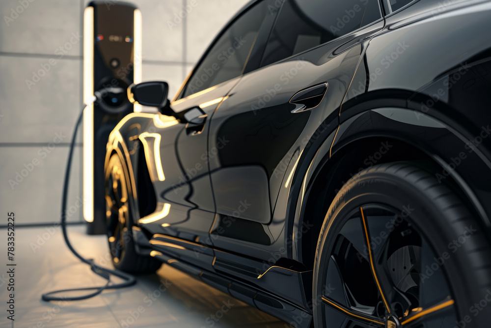 Close-up view, of an Black electric vehicle undergoing charging.