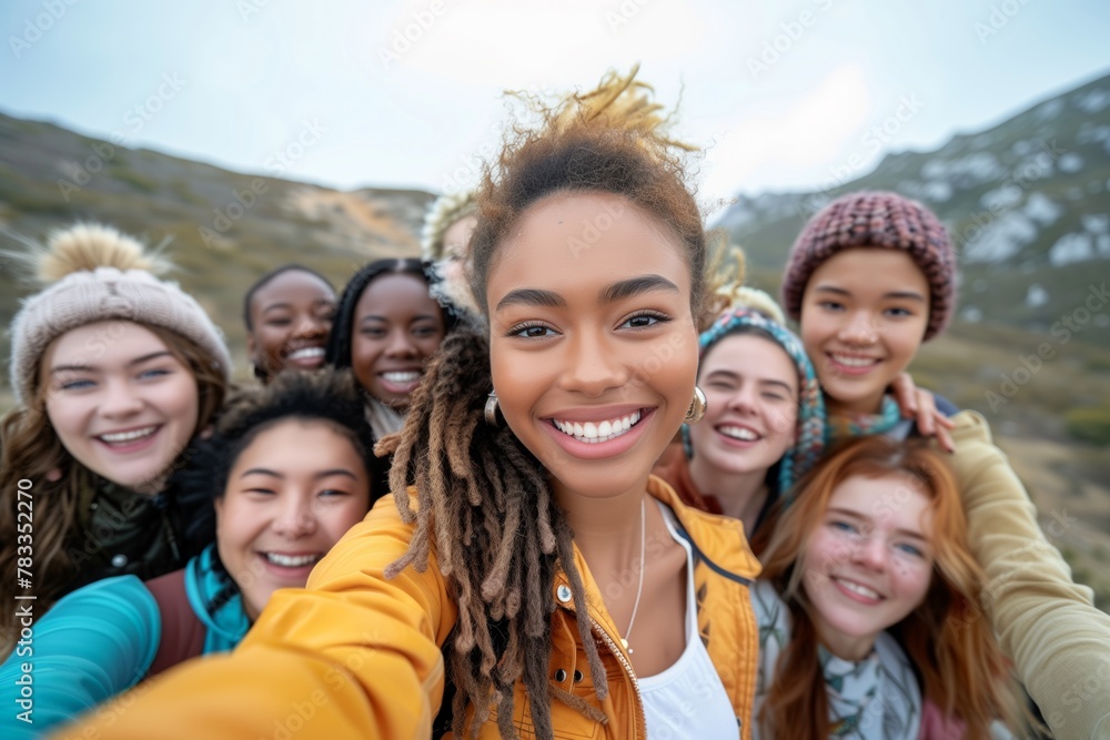 Diverse Friends Taking a Group Selfie Outdoors Diverse Friends Taking a Group Selfie Outdoors