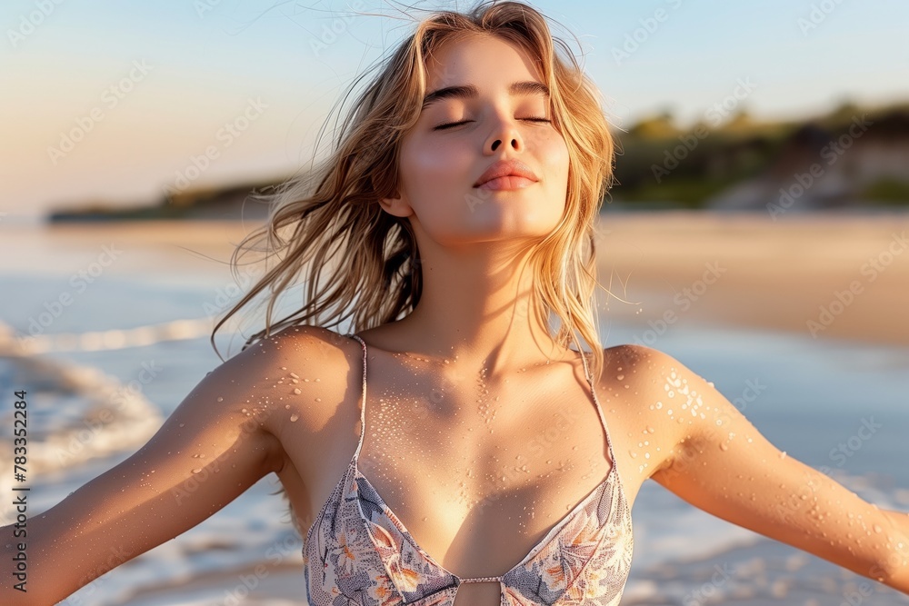 Serene Beach Escape: Woman Embracing Sunlight