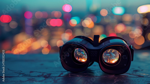 Close-up of VR goggles on a plain surface with city lights blurred in the background 