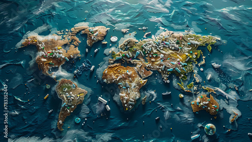 Map continents earth are made up of garbage  surrounded by ocean water. Concept environmental pollution with plastic and human waste