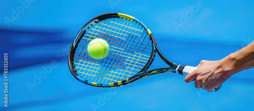 Tennis player is holding racquet and hitting ball on blue background