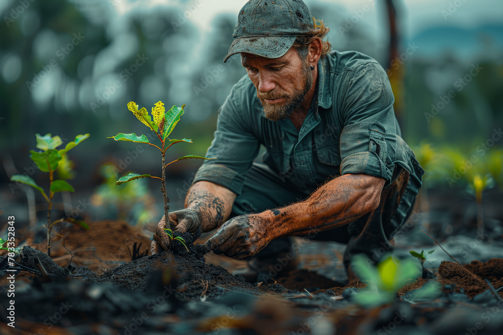 A conservationist planting trees in a deforested area, restoring habitats and combating climate change. Concept of reforestation and environmental activism. Generative Ai.