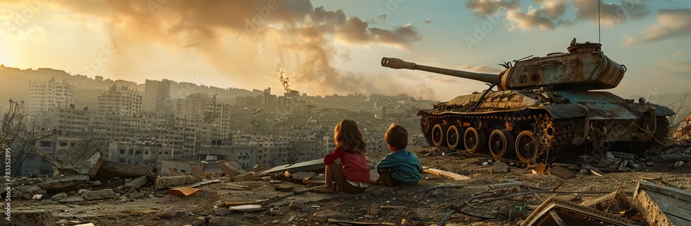 two children sitting on the ground infront of destroyed tank. AI generated illustration - obrazy, fototapety, plakaty 