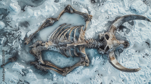 Aerial top view remains of mammoth lie in frozen ice, archaeological excavations photo