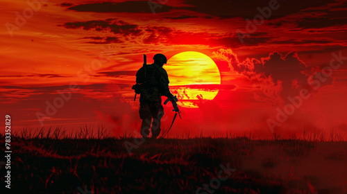 Minimalistic shot of a soldier s silhouette against a fiery sunset. 