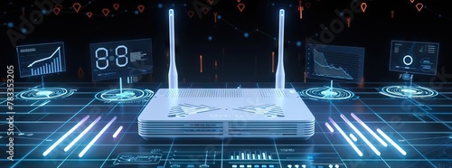 white cable is plugged into the port of Wi-Fi router, modern wireless Router with four non-removable external antennas for better search and signal transmission. AI generated illustration