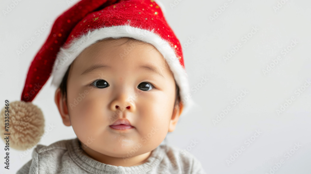 Portrait of an asian baby with a christmas hat on white studio background Portrait of an asian baby with a christmas hat on white studio background