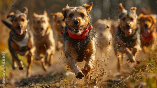 Group of Dogs Running Through Field