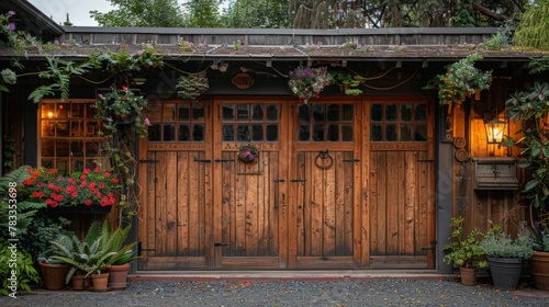 a wooden garage door with a weathered finish, adding character to a charming country-style home
