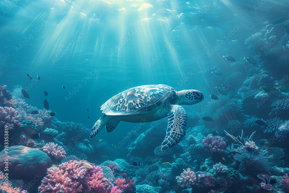 Fototapeta premium Lively image of a sea turtle gracefully swimming over a vibrant coral reef in the deep ocean