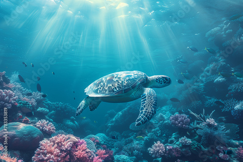 Lively image of a sea turtle gracefully swimming over a vibrant coral reef in the deep ocean
