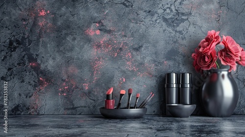 Table With Vase of Flowers and Lipstick