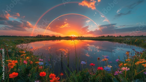 Lake With Yellow Flowers and Rainbow