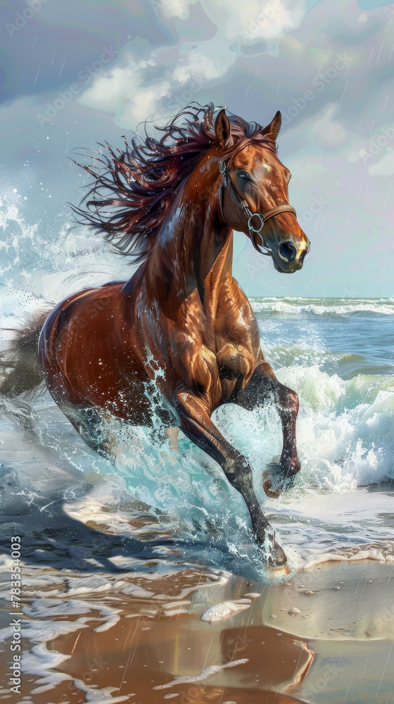 Majestic Horse Galloping Along the Beach in the Rain Majestic Horse Galloping Along the Beach in the Rain