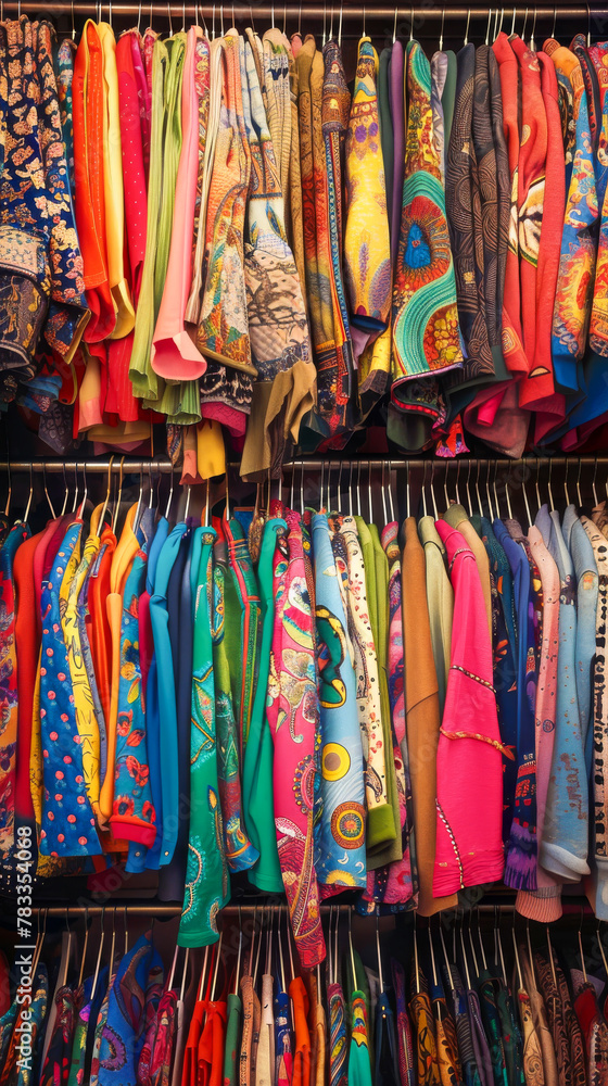 Colorful Assortment of Clothing on a Retail Rack
