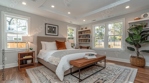 Spacious Bedroom With Large Bed and Two Windows