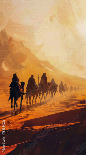 Nomadic Tribe Journeying Across Vast Desert Landscape