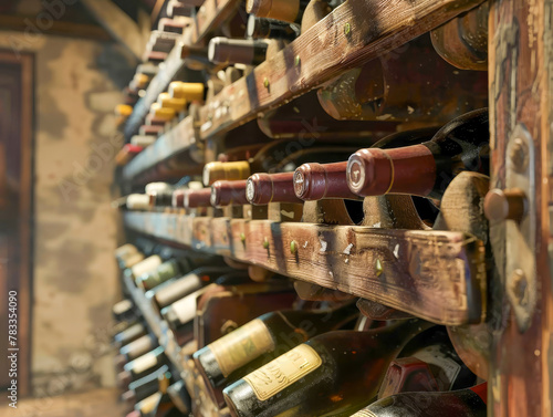 Vintage Wine Bottles Stacked in a Rustic Cellar