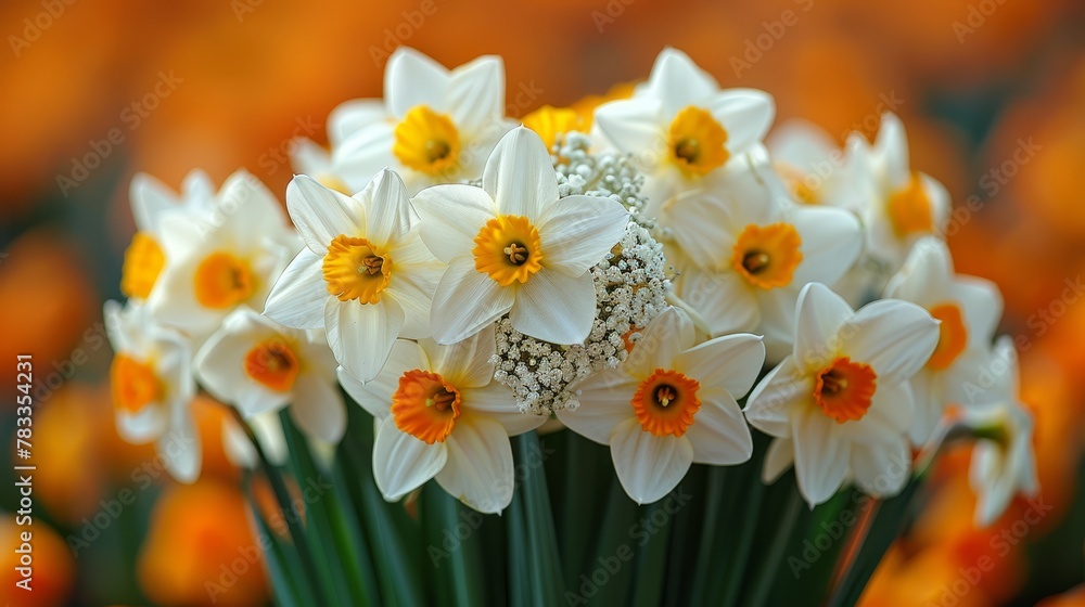 A bouquet of white and yellow daffodils against an orange and yellow tulip backdrop A bouquet of white and yellow daffodils against an orange and yellow tulip backdrop
