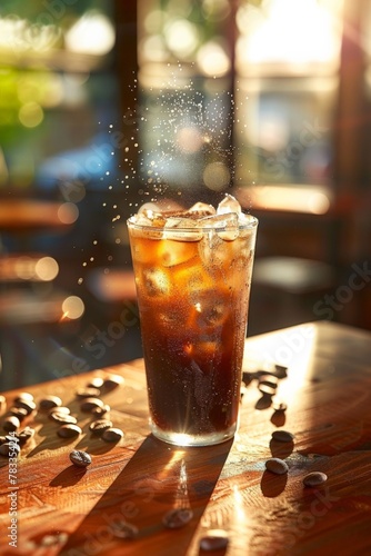 an iced coffee drink, with condensation glistening on the glass