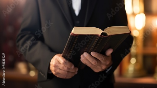 Catholic priest in black robe holds Holy Bible standing in old church closeup. Senior pastor with book prepares for service in wooden building. Man of God prays during ceremony in country church photo