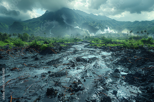 The confrontation of a mudslide and a lush valley, showing the collision of cascading mud and fertile land. Concept of natural disasters in populated areas. Generative Ai.