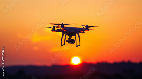 Silhouette of a drone hovering against a clear sunset sky 