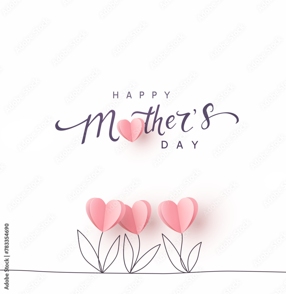 Fototapeta premium Mother's day postcard with paper tulips flowers and calligraphy text on white background. Vector pink symbols of love in shape of heart for greeting card, cover, label design