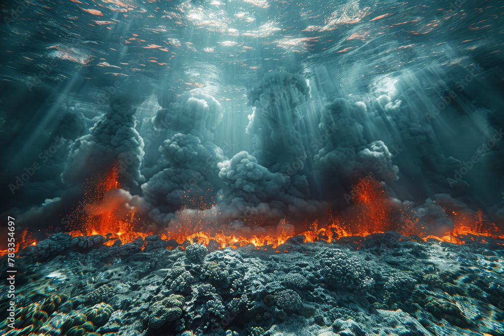 The meeting point of a volcanic eruption and a coral reef, symbolizing the collision of molten lava and delicate marine ecosystems. Concept of volcanic activity in ocean environments. Generative Ai.