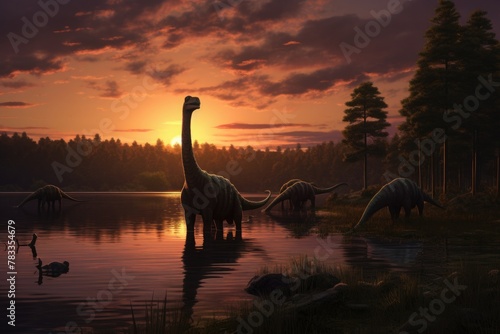 brachiosaurus near a river or lake at sunset. silhouette prehistoric dinosaur